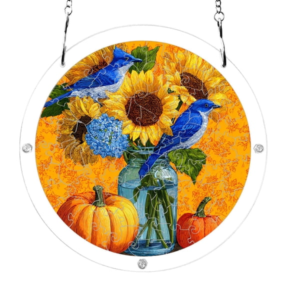 Sunflowers Pumpkins Blue Birds Fall Acrylic Jigsaw Puzzles 83 Pieces Suncatcher for Window Hanging 7.5 Inch Holiday Home Decor