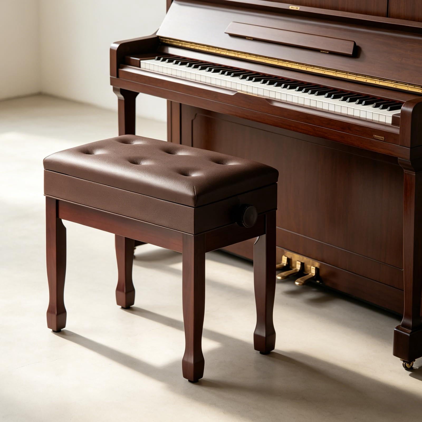 Adjustable Height Piano Bench Stool Pu Leather Cushion Wooden Keyboard Seat With Music Storage (brown)