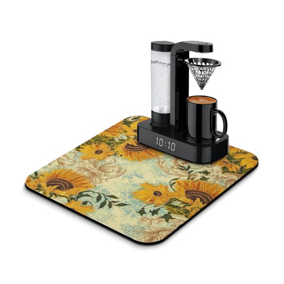 Washable Rubber Sunflower Cute Floral Dish Drying Mats for Kitchen Counter Home Large Coffee Bar Pad Accessories and Decor for Utensils Stemware 16''x18''