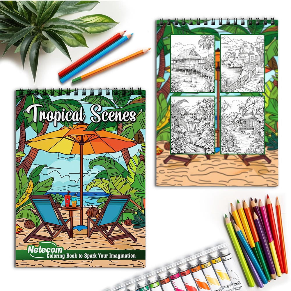 Netecom Tropical Scenes Coloring Book for Adults, Spiral Bound, Soft Cover