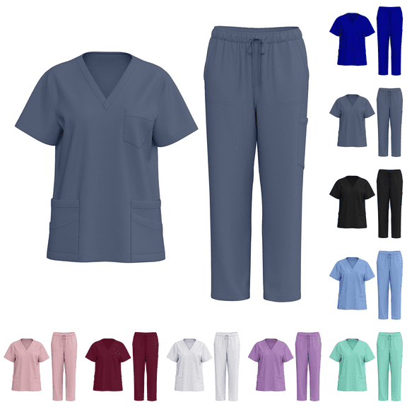 Scrubs for Women Set V-Neck Medical Scrub Top & Pant Pockets Breathable Nurse Uniform Top & Jogger Scrub Bottom with Pocket Comfortable and Functional Through Your Longest Shifts Grey S
