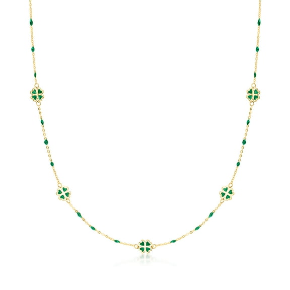 Ross-Simons Italian Green Enamel Clover Station Necklace in 14kt Yellow Gold, Women's, Adult