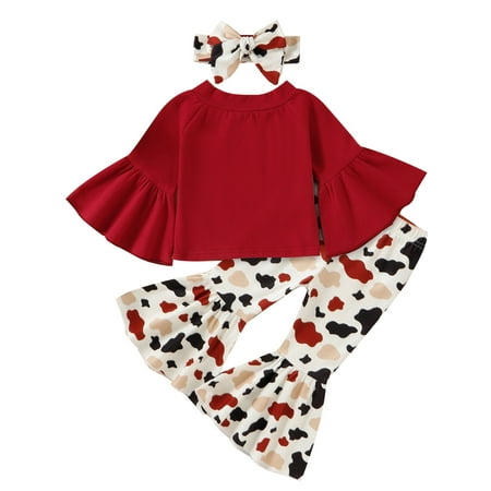

3 Pcs Toddler Baby Girl Bell Bottom Outfits Clothing Set Long Sleeve Off Shoulder Tops+Flared Pants with Headband