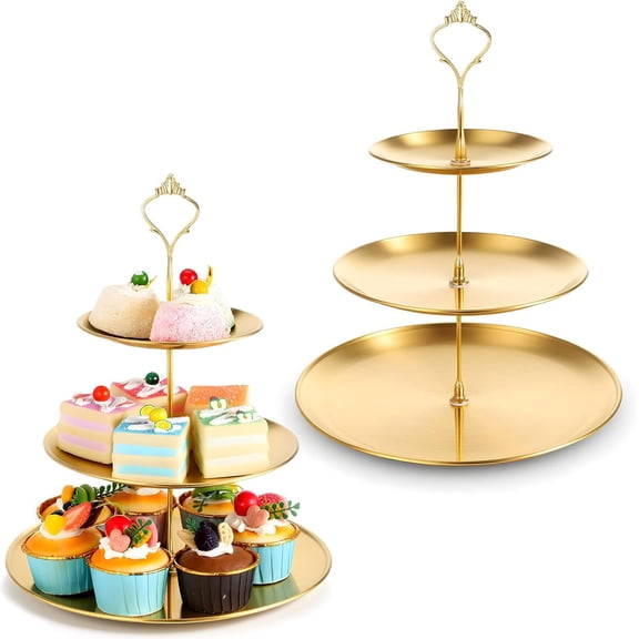 3 Tier Stainless Steel Cupcake Stand, Gold Metal Serving Tray Cake Holder Cake Display Stand for Holiday Dessert Table Decorations Birthday Party Wedding