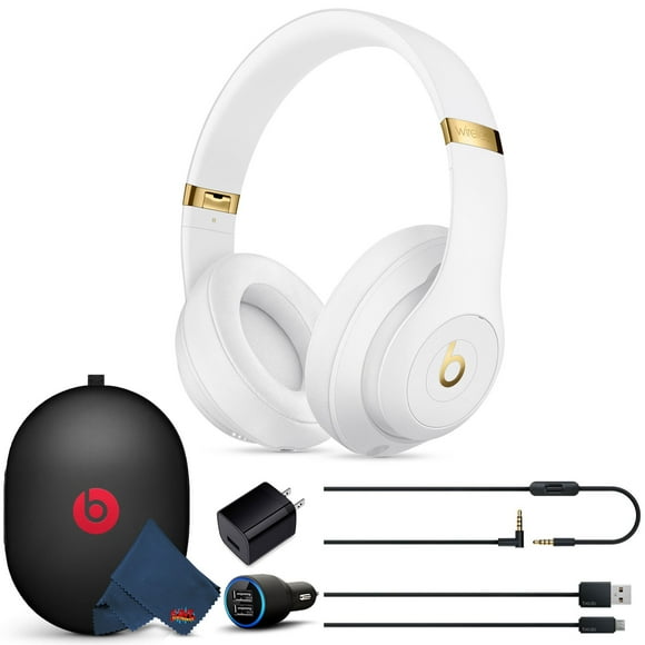 Beats Studio3 Wireless Over-Ear Noise Cancelling Bluetooth Headphones (White) with Extra USB Charging Adapters and 6Ave Cleaning Cloth