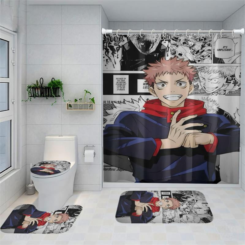 Lheaggik Anime Jujutsu Kaisen 4 Pcs Bathroom Sets with Shower Curtain and Rugs, Waterproof Polyester Shower Curtain Sets with Hooks