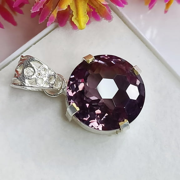 36 Carat Round Cut Natural Alexandrite Handmade Pendant in Sterling Silver
