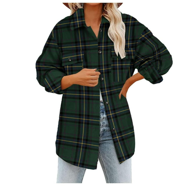 Qertyioot Womens Plaid Shirts Flannel Jacket Shacket Plaid Color Block Buttons Down Collar Plaid Loose Plus Size