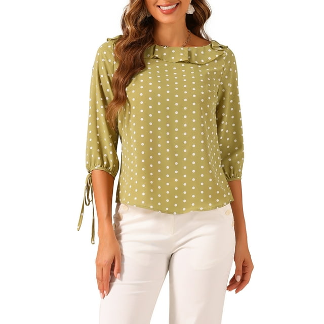 INSPIRAR CHIC Blusa de media manga con cuello fruncido y puntos de lunares para mujeres, color amarillo polvo, talla S
