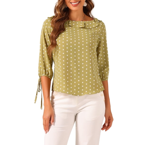 INSPIRAR CHIC Blusa de media manga con cuello fruncido y puntos de lunares para mujeres, color amarillo polvo, talla S