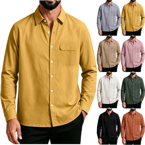 Josdec Men's Solid Lapel Long Sleeve Button Down Shirt with Chest Pocket Wrinkle Resistant Casual Light Business Work Tops M-XXL