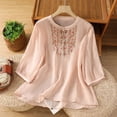 thumbnail image 2 of BODOAO Women's Linen Embroidered Shirt Skin-Friendly Tops Vacation Shirts Soft Breathable Mexican Tunic Tops Summer Fashion Outfits Scoop Neck Boho Tops Peasant Blouses Pink L, 2 of 7