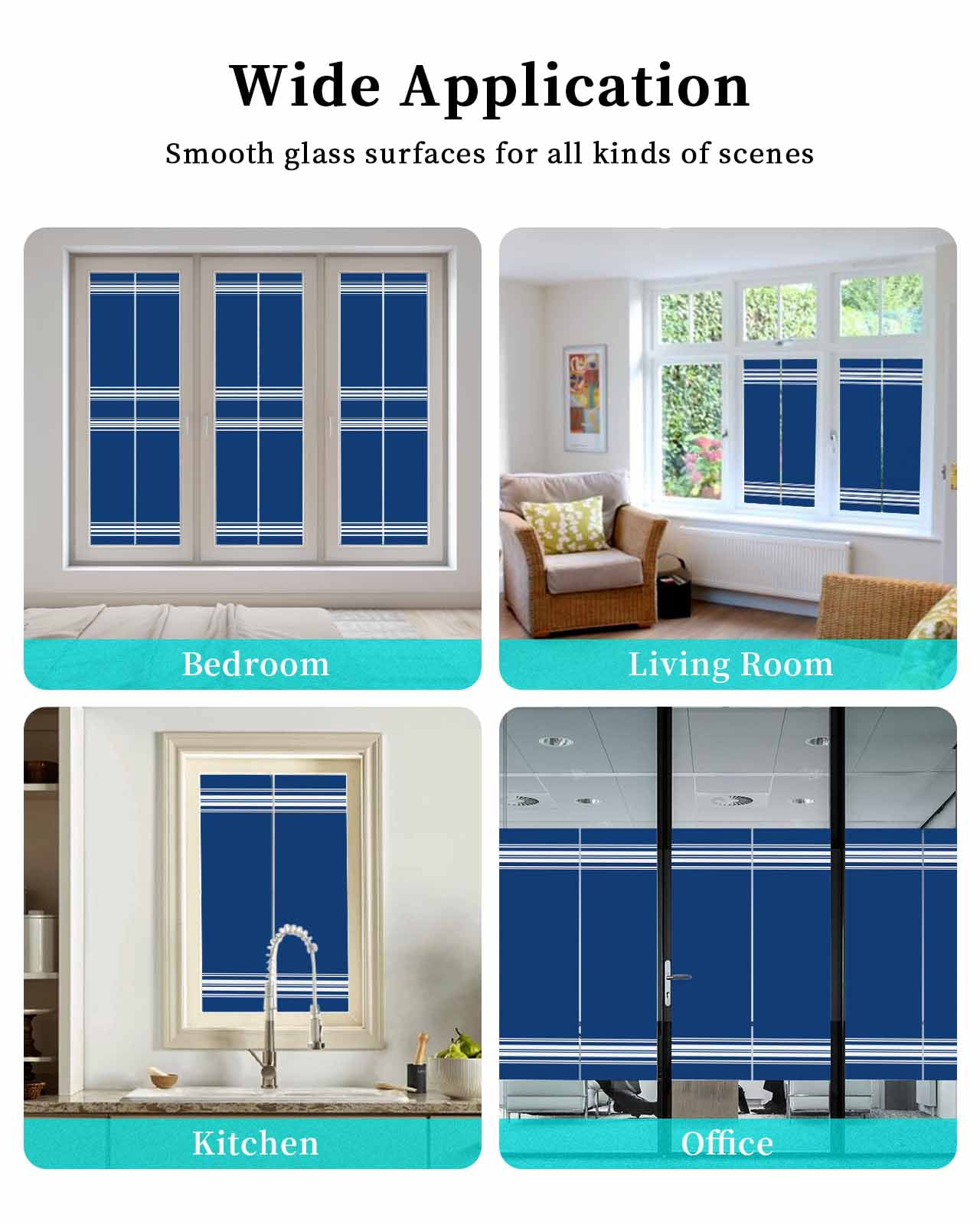 Window Privacy Film, Blue Stripes UV Sun Blocking Window Tint Film Heat Control One Way Blackout Window Film, Farmhouse Modern White Vertical Lines Non Adhesive Static Cling Sticker 17.7x78.7 In