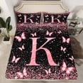 thumbnail image 2 of Homewish Initial K Letter Twin Sheet Sets, Black Pink Sequin Print Twin Fitted Sheet, Romantic Butterfly Animal Flat Sheet, Luxury Bedroom Decor, 3pcs, 2 of 7
