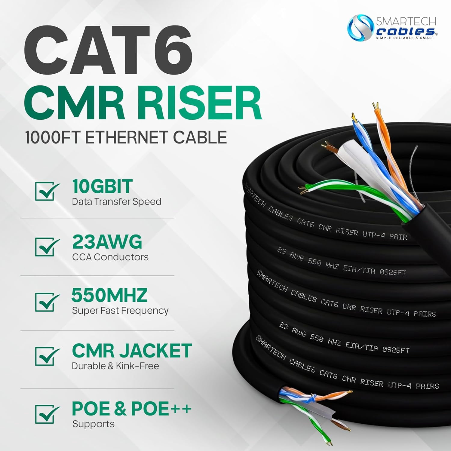 1000ft Cat6 Riser Cable Black – CMR, 23AWG UTP, 550MHz, 10Gbps | Easy Pull Box