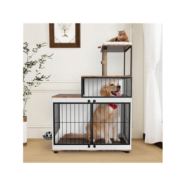 2 - in - 1 multifunctional dog crate: de madera y metal pet muebles con cat perch, 2 food bowl almacenamiento estantes para dogs y cats to climb, play, y sleep