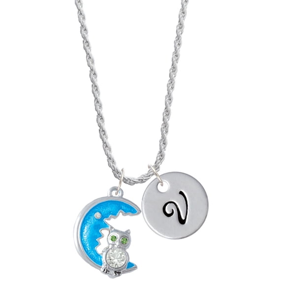 Delight Jewelry Silvertone Large Clear Crystal Owl on Hot Blue Moon Silvertone Script Initial Disc - V - Charm Necklace, 20"+3"
