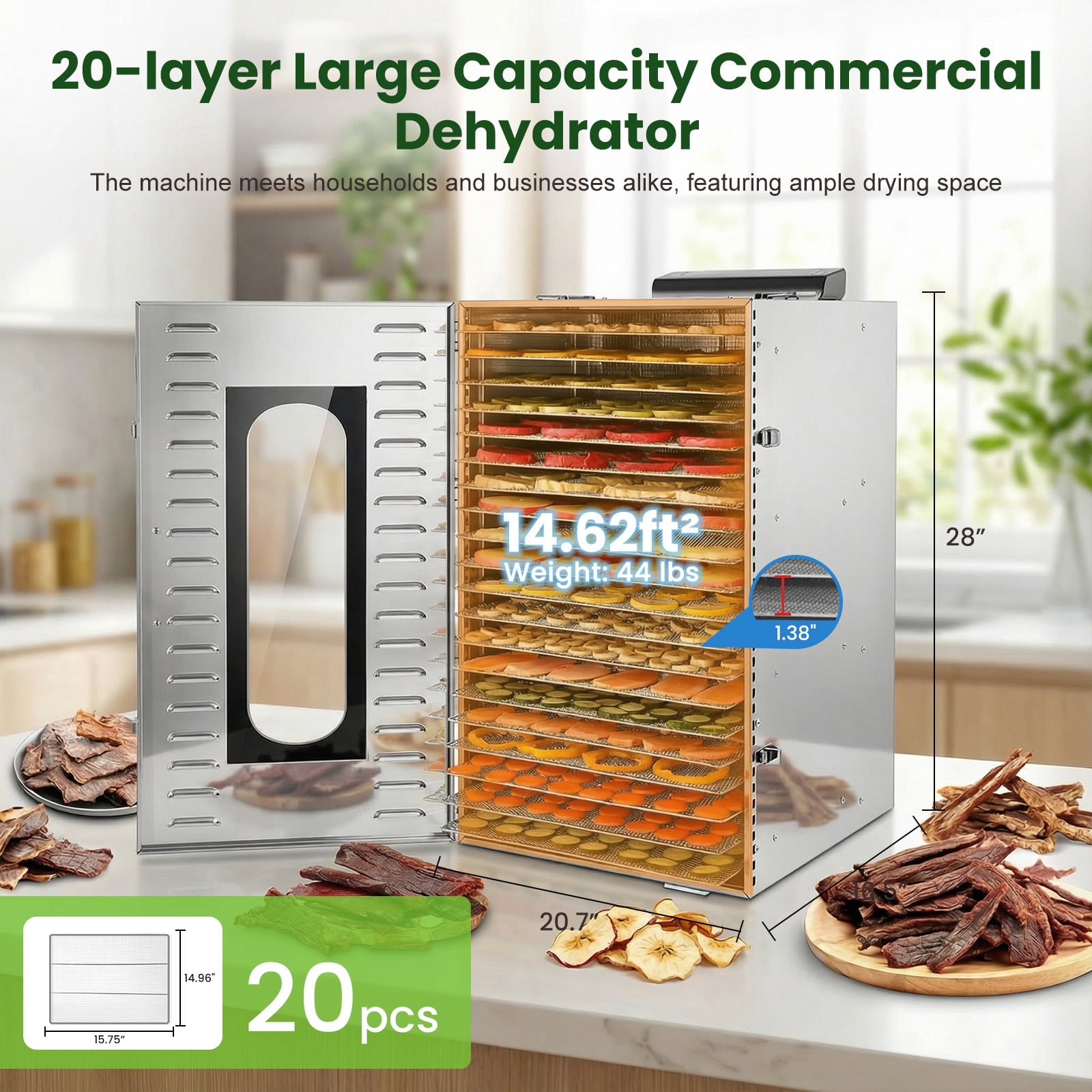Commercial Food Dehydrator Machine, 1500W Jerky Dehydrators with 20 Stainless Steel Large Trays, 194°F Temperature Control & 24H Timer Food Dryer for Fruit Meat Herb Dog Treats