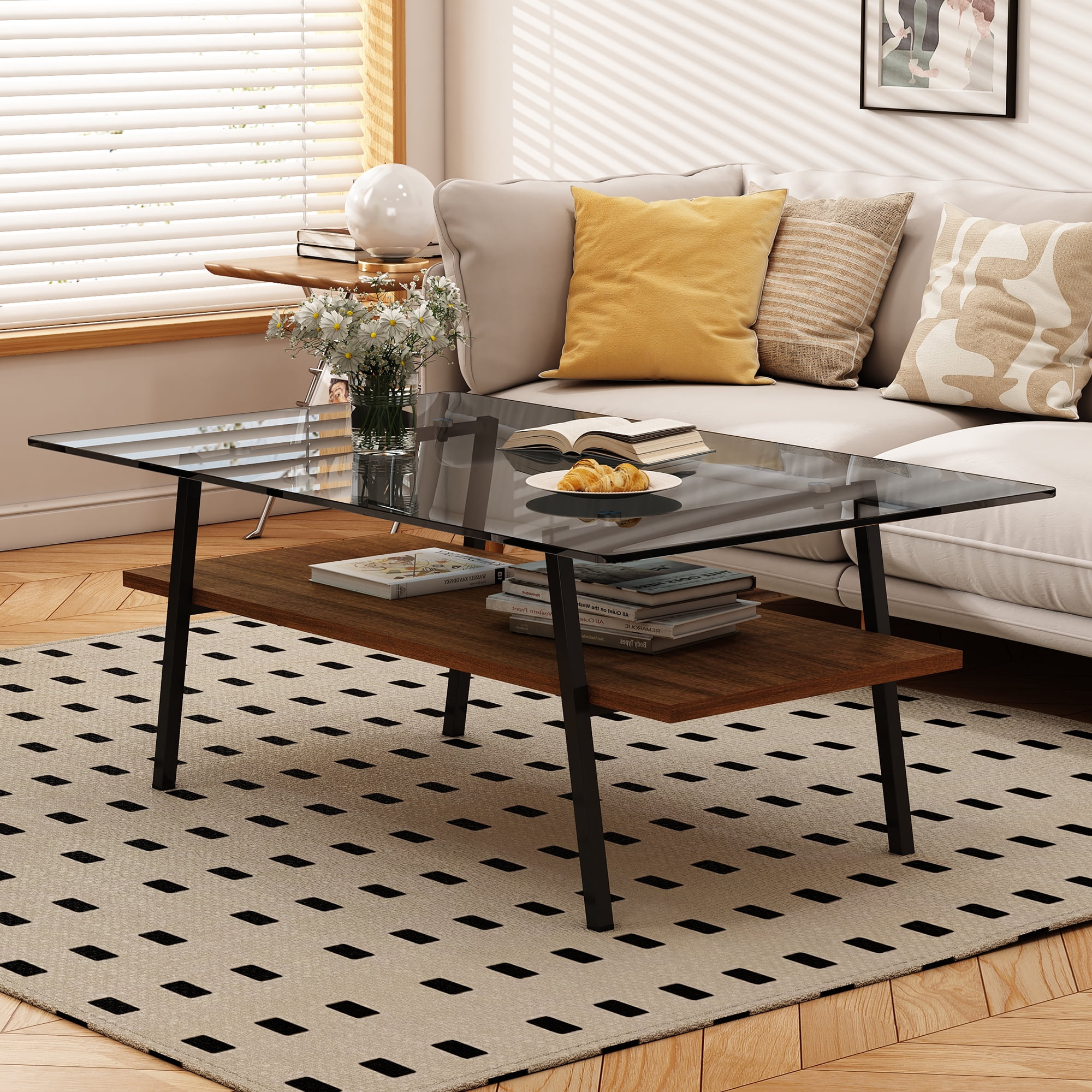 Holaki Glass Coffee Table, Rectangle Tempered Glass Table, 2-Tier Center Table  with Clear Tempered Glass Top Metal Leg, Mordern Home Office Furniture