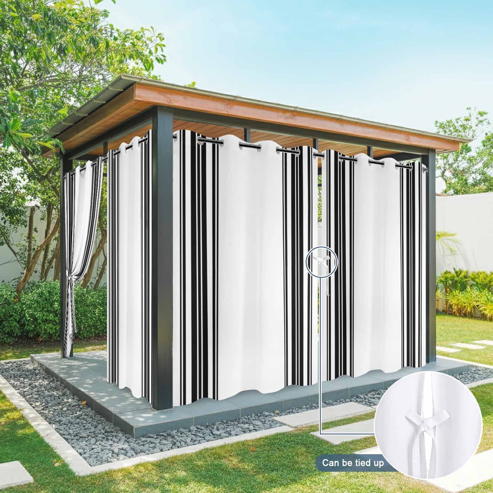 Colorful Stripes Outdoor Curtains for Patio Waterproof, Black Wood Texture White Grommet Curtains for Porch Outside Privacy Drape for Gazebo Garden Pergola, 2 Panels, 54x95in