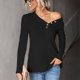 thumbnail image 2 of Top de manga larga con cuello en V, decoración de botones de color sólido, Top informal de gofre para mujer para otoño invierno negro L, 2 of 7