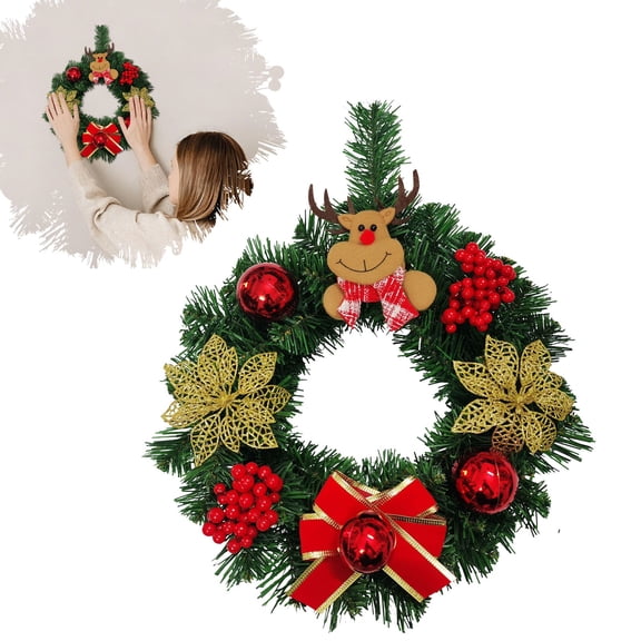Artificial Christmas Door Wreath, 12 Inch Pine Leaf Holiday Wreath Decorated with Christmas Balls, Bows and Berry Clusters, Indoor & Outdoor Front Door Christmas Decoration, 1 Pc