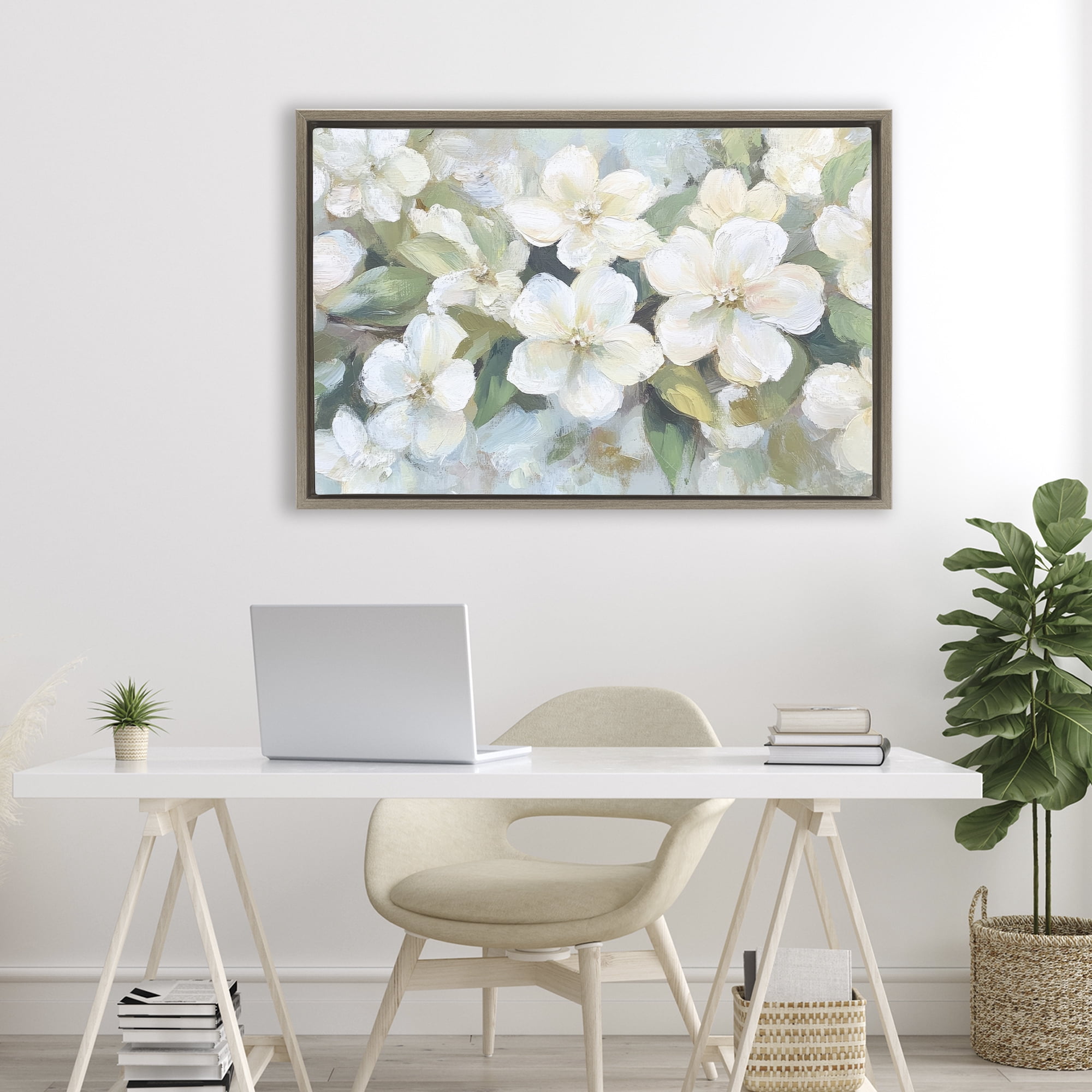 Stupell Industries Painted White Flowers in Leaves Brown Framed Floater Canvas Wall Art, design by Petal Prints Design