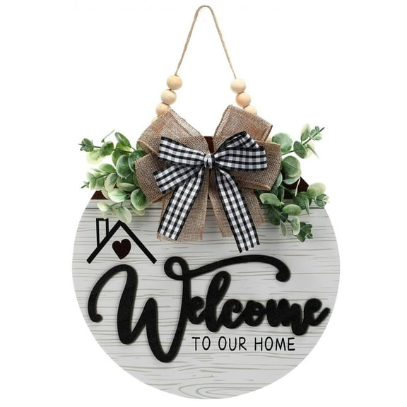 Front Door Welcome Sign, 3D Circular Wooden Door Plaque, Burlap Ribbon and Faux Greenery Decor, 12 in Diameter, Multi-Material Hanging Design for All Seasons
