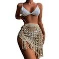 thumbnail image 2 of Women Knitted Sarongs Solid Color Hollow-Out See-Through Tassel Mini Beach Skirts Summer Drawstring Slit Swimsuit Cover-Ups, 2 of 6