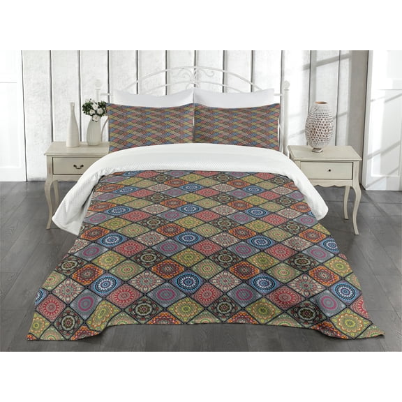 Ambesonne Mandala Quilted Bedspread Set 3 Pcs, Circles in Rectangles, King Size, Multicolor