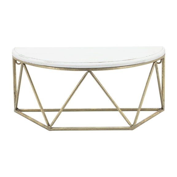 Geometric Wall Mounted Shelf with Metal Frame for Home Decor - Decorative Hanging Storage Organizer with Wood Top for Living Room, Bedroom or Entryway Use - Wall Shelf for Plants - 7", Gold & White