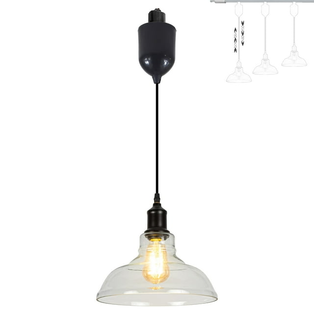 FSLiving Adjustable Hanging Height J Type Track Light Pendants Matte Black E26 Socket 11" Clear Glass 4 Ft Vintage Stytle, Dimmable for Barn Kitchen Island Planting Customizable