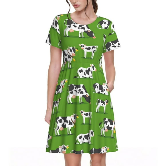Saiise Cows With Calfs Green Pattern Summer Dresses for Women Casual Tshirt Short Sleeve Floral Sundress Beach Cover Ups with Pockets