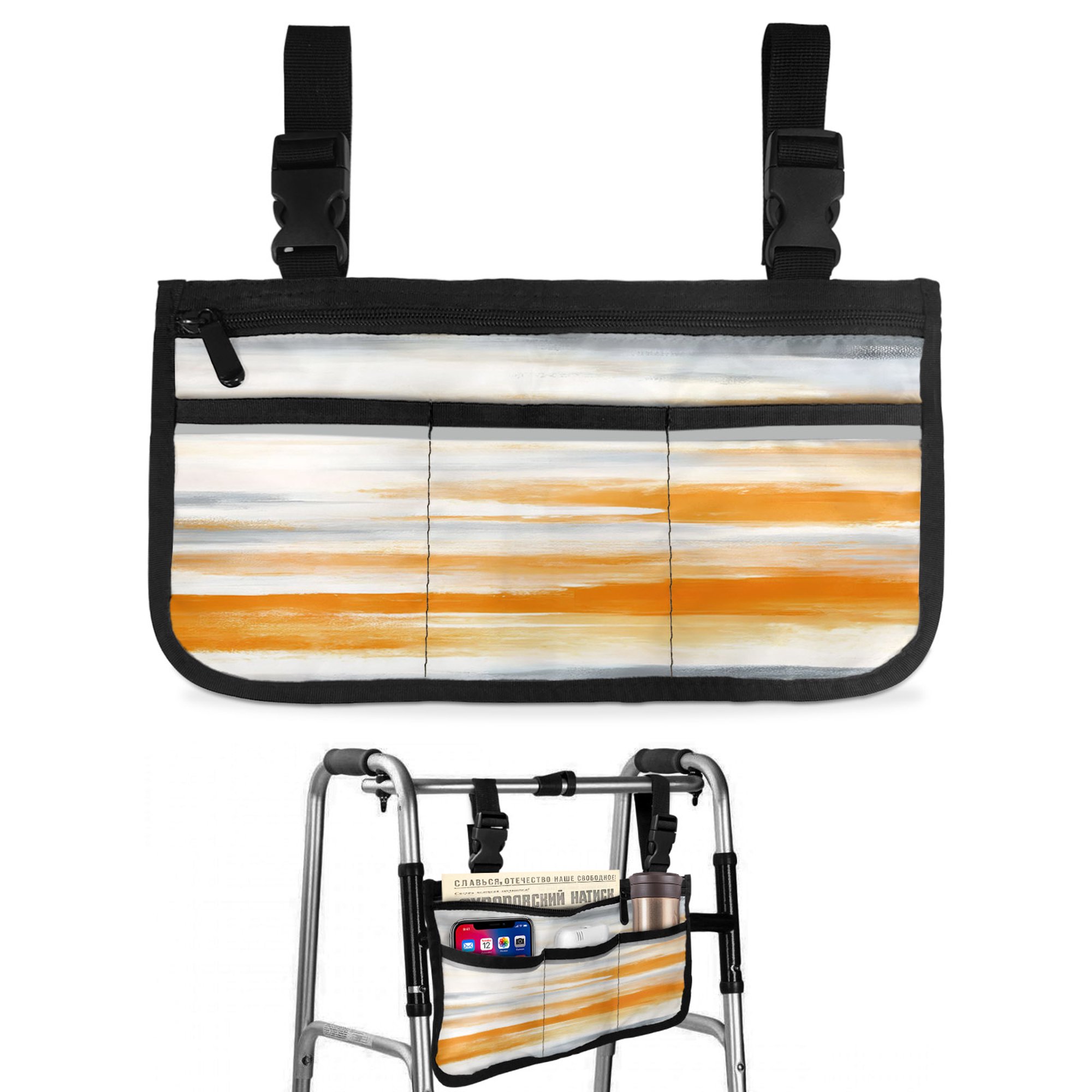 Burnt Orange Grey Ombre Wheelchair Side Bag Walk Bag Basket, Abstract Art Oil Painting Modern Wheelchair Accessories Armrest Pouch, Organizer Storage Bags for Walkers, Rollators, Scooters, 7.3"x13"