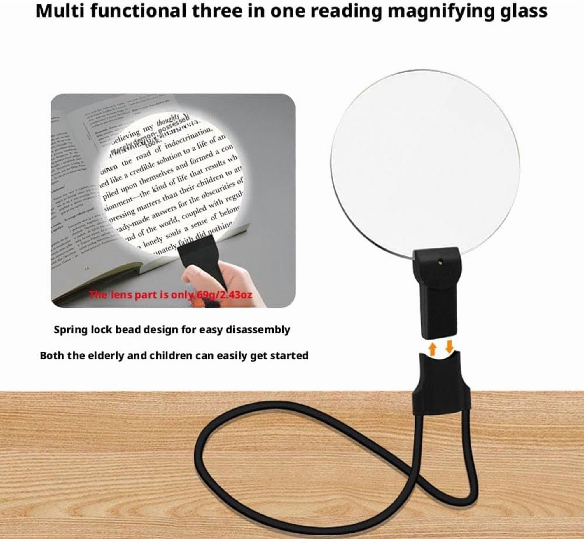 3-in-1 Hands Free Magnifying Glass，Neck Wearable, Handheld & Desktop Magnifier for Reading, Sewing, Cross-Stitch & Crafts,Type-C Rechargeable HD Lens Visual Aid,Gift for Seniors