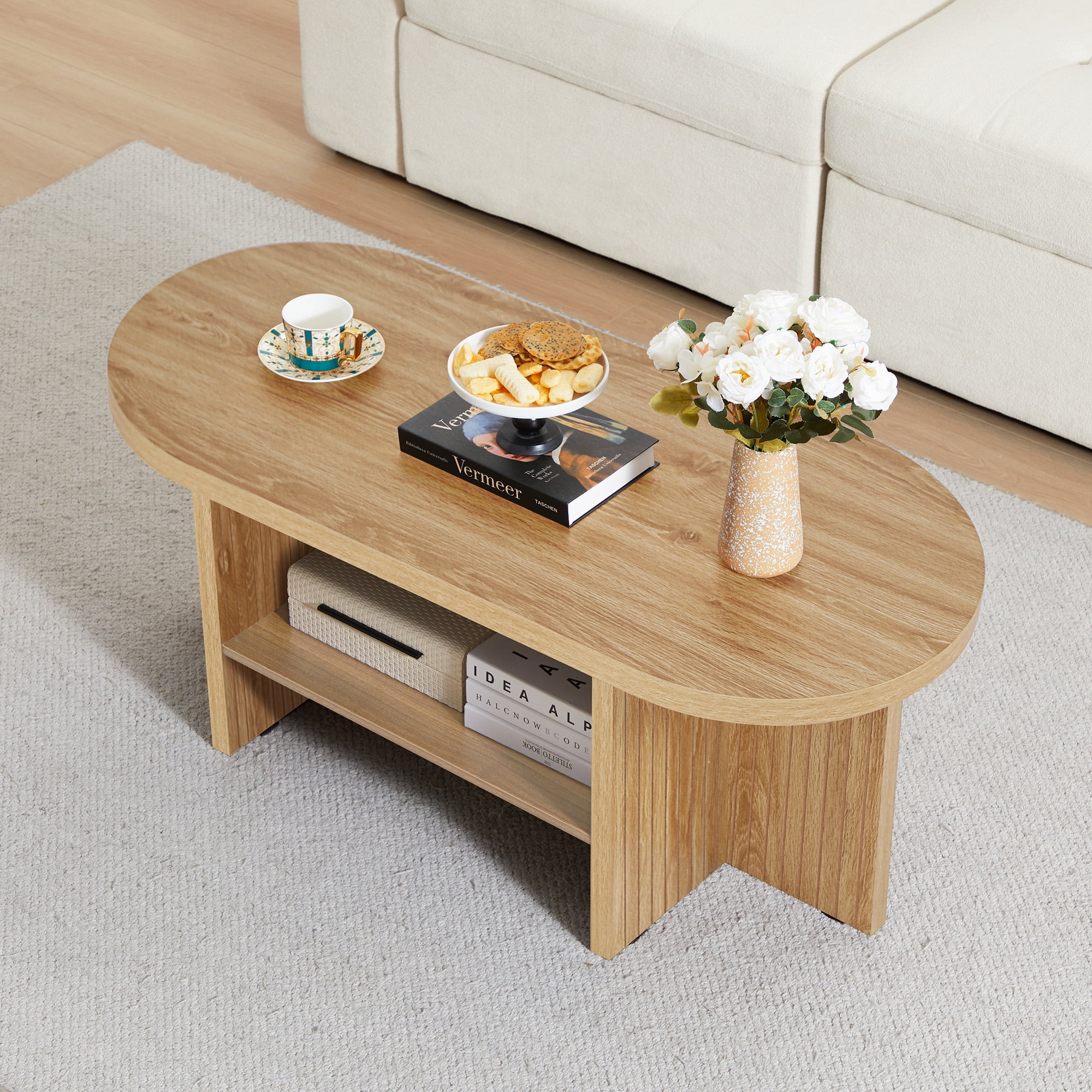 Wirrytor Oval Coffee Table, Coffee Tables for Living Room Small, Fluted Coffee Table with Open Storage Shelf, Farmhouse  Wood Center Table for 2-Tier Coffee Table, Natural