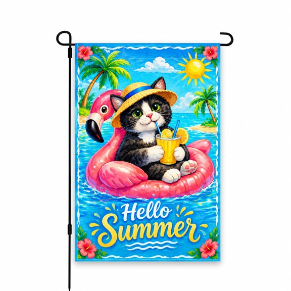 Hello Summer Garden Flag, 12 x 18 Inch Outdoor Decor, Cute Cat on Flamingo Float with Tropical Beach Design, Bright Colors for Yard or Patio Display
