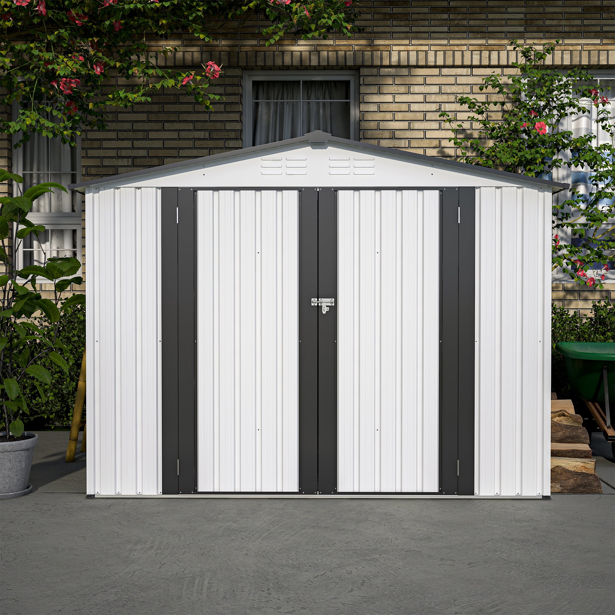 8 x 6 ft Outdoor White Metal Storage Shed, All Weather Metal Sheds with 2 Lockable Doors, Tool Shed for Garden, Backyard and Lawn