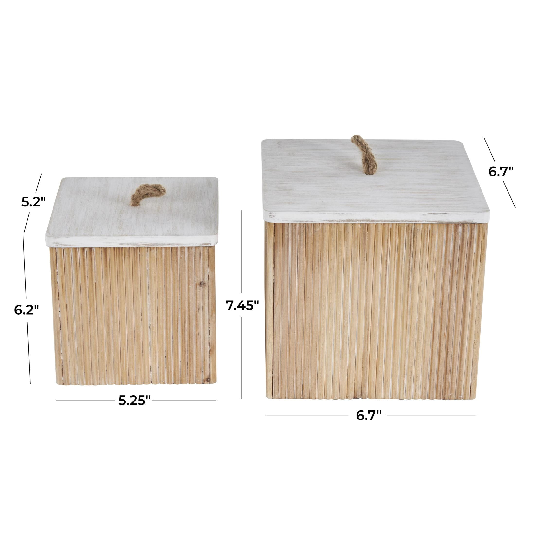 DecMode Washed Ribbed Storage Brown Wooden Decorative Box with White Lids and Rope Handles, 2 Count