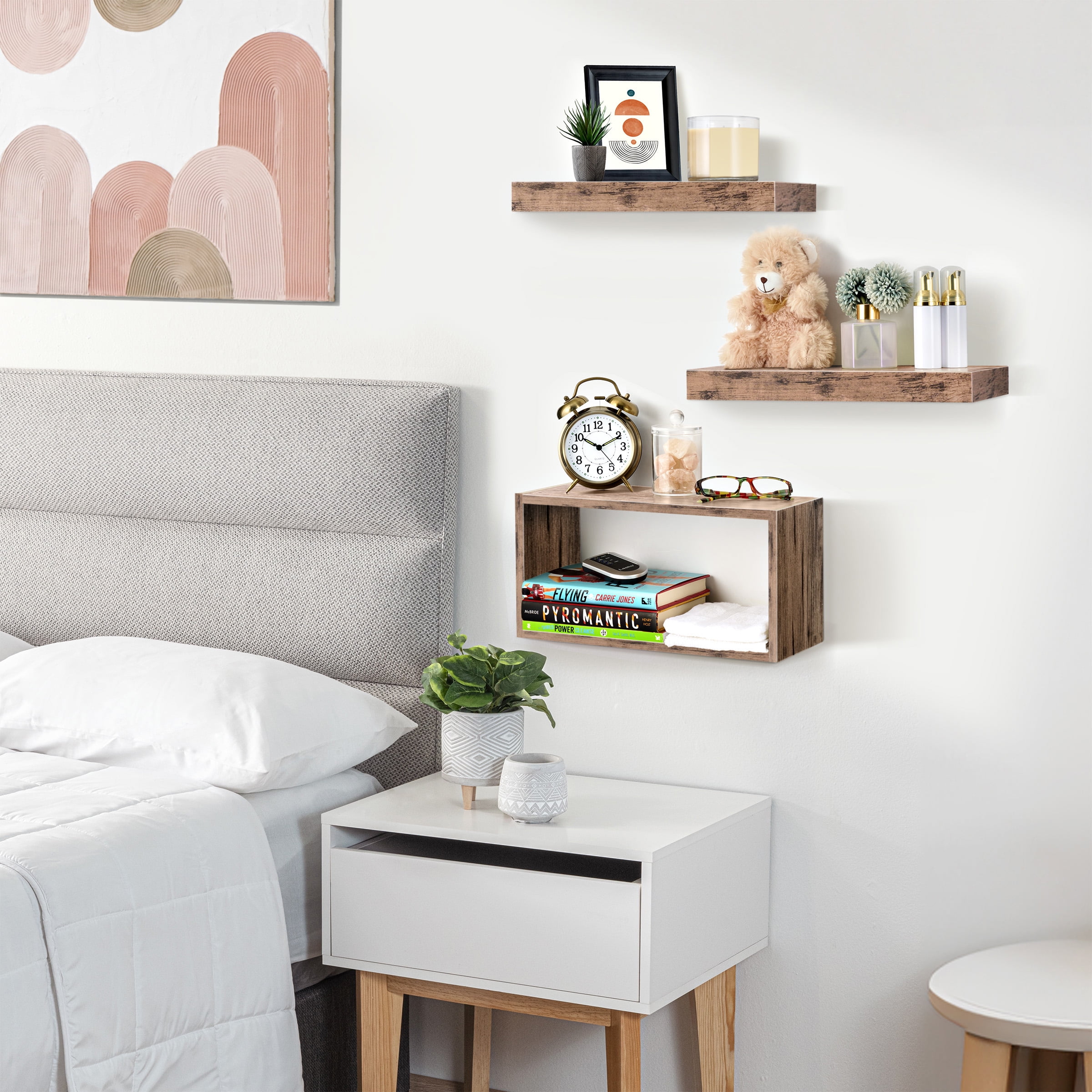 Sorbus Floating Shelves for Wall Set of 3 - Bathroom Shelves for Wall Storage, Over Toilet, Bedroom, Farmhouse, Wall Decor - 2 Floating Shelves with Invisible Brackets & 1 Rectangular Box