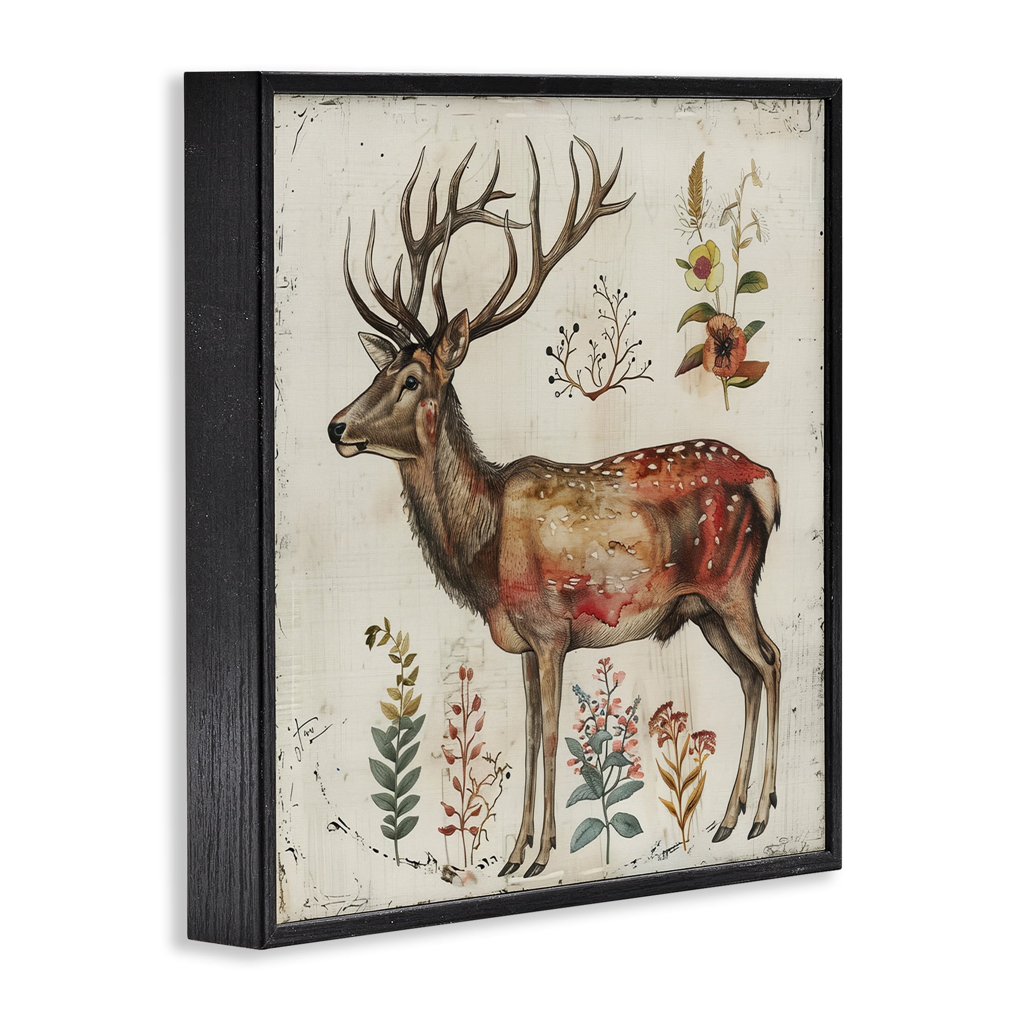 Stupell Industries Forest Elk with Botanicals Animals & Insects Painting Black Framed Art Print Wall Art, 24 x 24