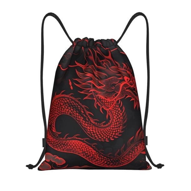 Fotbe Red Dragon On Black Bolsa Mochila con Cordón Estampada, Bolsa de Gimnasio Deportiva, Bolsa Cinch, Bolsa con Cordón para Hombres y Mujeres-Medium