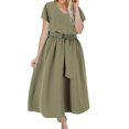 thumbnail image 2 of HIBRO Women Fashion Elegant V Neck Solid Color Swing Dress Loose Belt Waist Plus Size Dress, 2 of 5