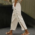 thumbnail image 2 of Gauze Pants for Women Summer Side-Buttoned Closure Joggers Side Slit Pants Resort High Waisted Drawstring Straight Leg Ankle Pants Elastic Waist Trousers With Pockets Capris Pants Palazzo Boho Travel, 2 of 7