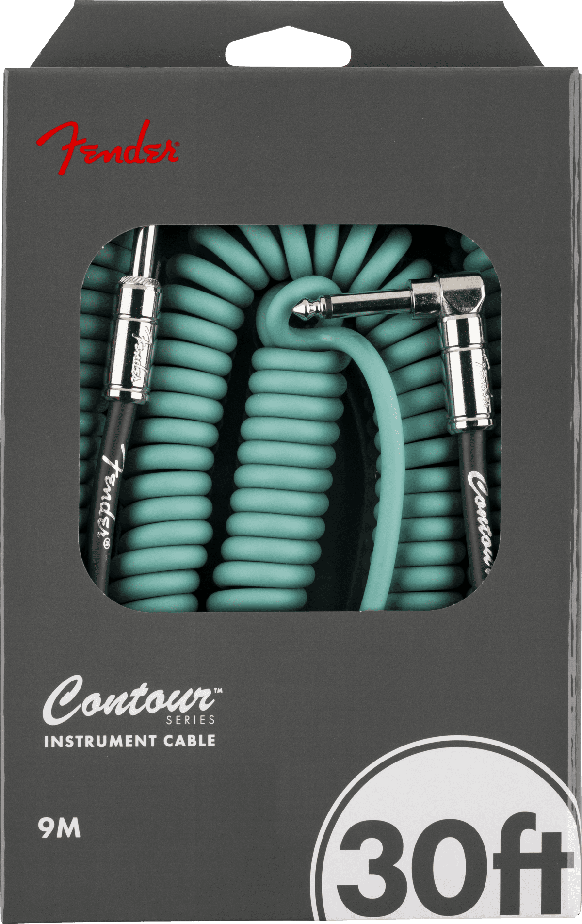 Fender Contour 1/4" Straight to 1/4" Right Angle Coiled Instrument Cable, 30', Sherwood Green