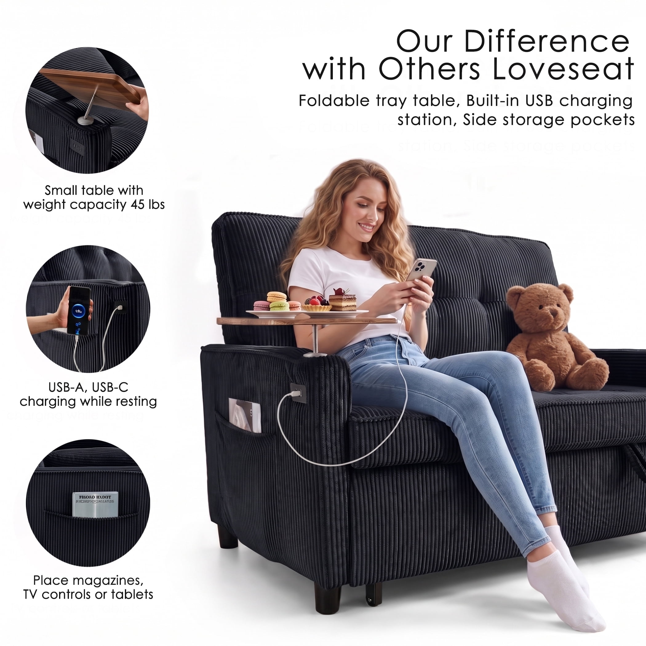 AISWORD 55" 3-in-1 Convertible Sleeper Sofa Bed, Pull Out Loveseat Couch with Side Tray Table & USB Charging Port, Adjustable Backrest Sofa for Apartment, Bedroom, Office, Black