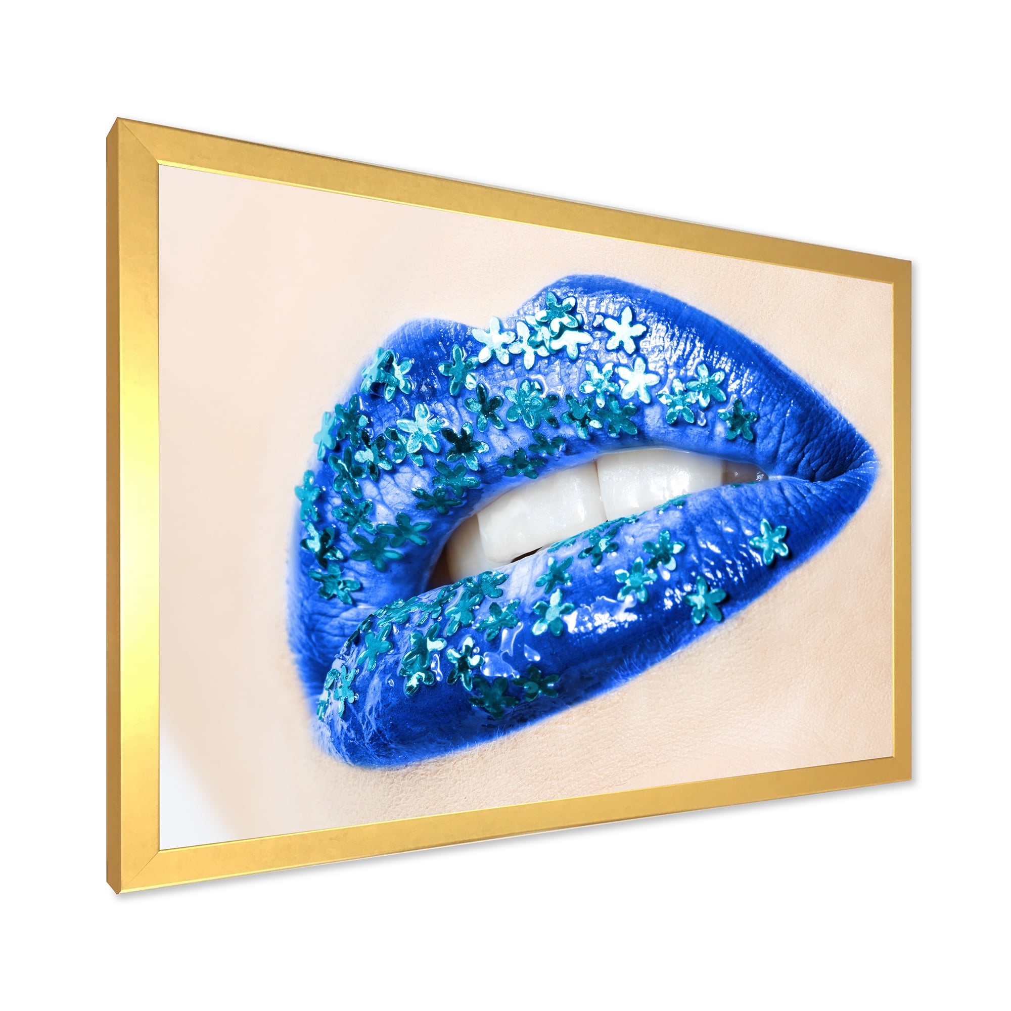 Designart 'Beautiful Woman Lips Blue With Flowers' Modern Framed Art Print