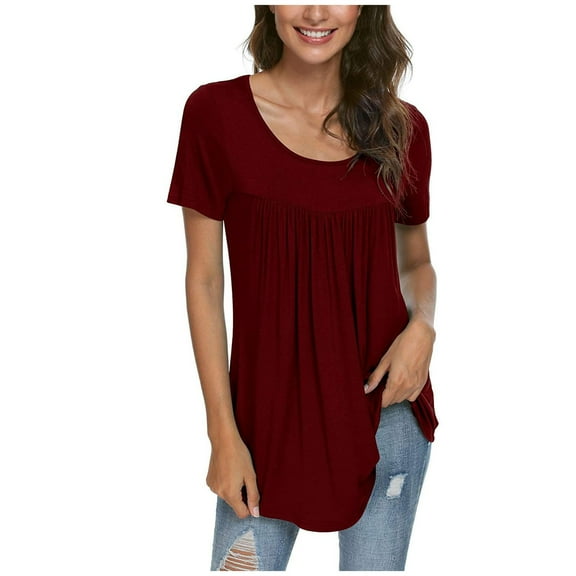 Patlollav Women Summer Tops Solid Pleated Round-Neck Blouses T-Shirt