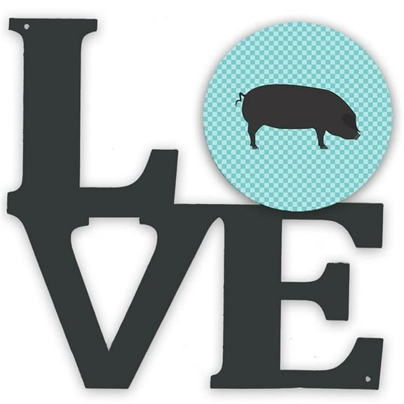 11.5 x 11.75 in. Devon Large Black Pig Blue Check Metal Artwork Love Wall Decor