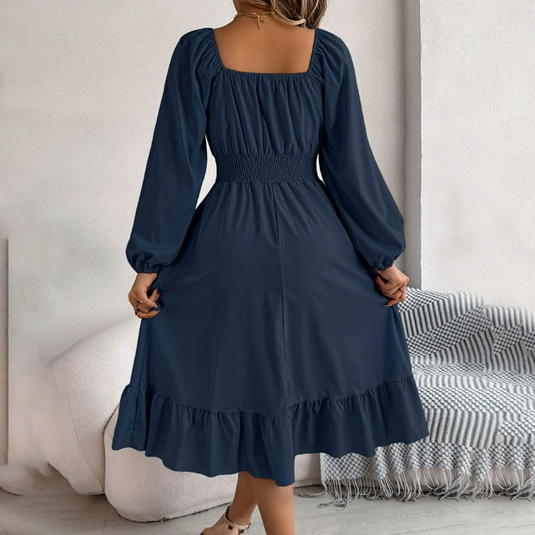 JGGSPWM Women's Wedding Guest Dresses Elegant Trendy Square Neck Lantern  Long Sleeve Solid Color A-Line Cocktail Dress Navy M - Walmart.com
